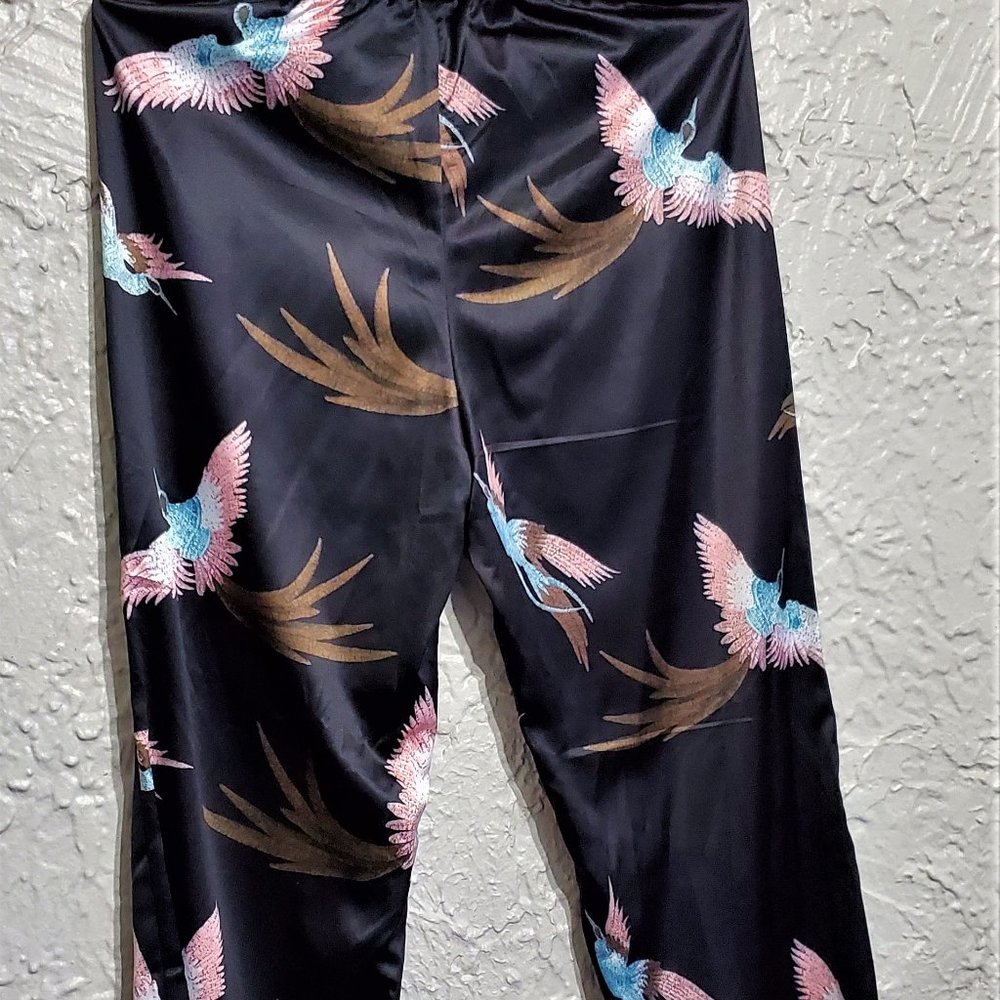 Black satin oriental style flared pants